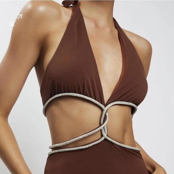 Meshki Nicha Diamante Cut Out Maxi Dress - Chocolate - Picture 3 of 8